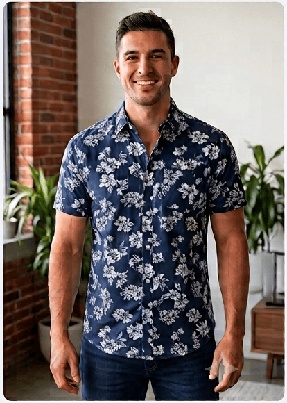 Virtual try-on result wearing a floral shirt